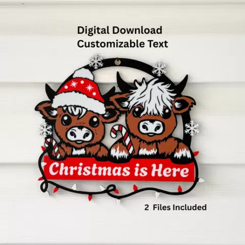 Christmas Highland Cow Door Sign Customizable Text Highland Cow Decoration Christmas Door Hanger