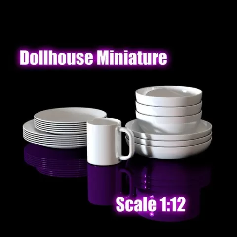 Miniature Tableware Set 1:12 – Plates, Soup Bowl, Small Bowl & Tea Mug | Dollhouse Kitchen Accessories | STL Files for Resin 3D Printing