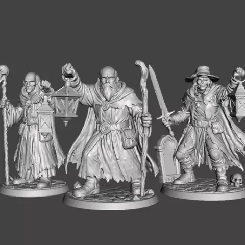 Pale Hunters – Lantern Wardens (3× Dark-Fantasy Miniature STL Pack, 32 mm, Resin-Ready, Bases Included)