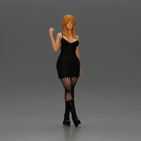 Stylish woman in black dress fishnet tights and boots by 3DGeschaft Miniatures Figures
