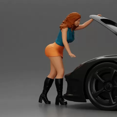 Curious Woman in mini skirt Checking Under the Hood of a Sleek Car by 3DGeschaft Miniatures Figures