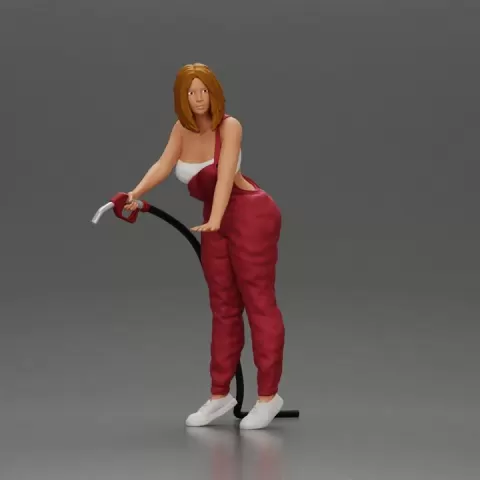 Mechanic Woman Holding Fuel Pump, Ready in Red Overalls by 3DGeschaft Miniatures Figures