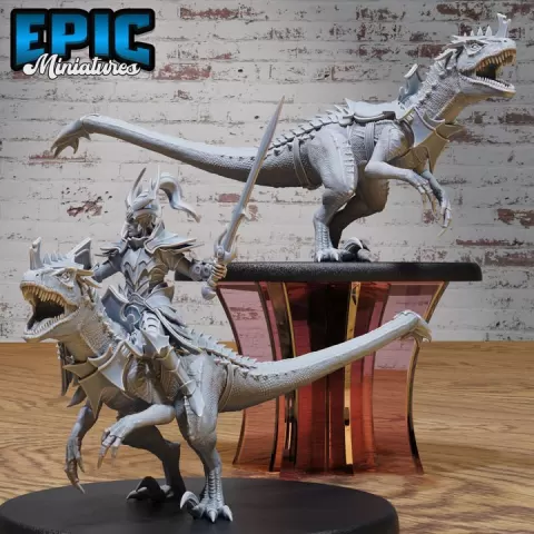 Dark Elf Raptor Rider Set / Elven Dinosaur Mount Warrior / Elvish Predator / Dino Guard / Woodland Hunter / Jurassic Encounter by Epic-Miniatures