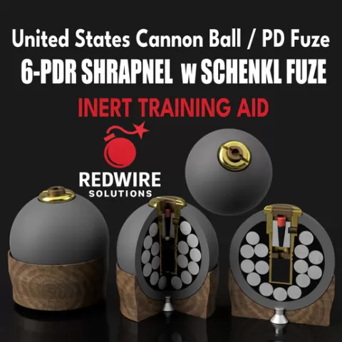 6-Pdr Shrapnel Cannon Ball — Full, 1/4 & 1/2 Cutaway Replica w/ Schenkl PD Fuze (Inert, Scale Model) — Realistic Wood Sabot Texture