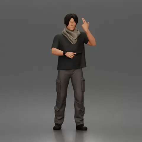 Man Standing With Handgun And Peace Sign In T-Shirt Scarf Cargo Pants And Boots by 3DGeschaft Miniatures Figures