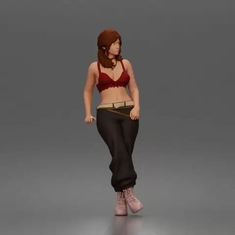 Woman Streetwear Outfit Crop Bralette Low Rise Baggy Pants Chain Belt Boots by 3DGeschaft Miniatures Figures