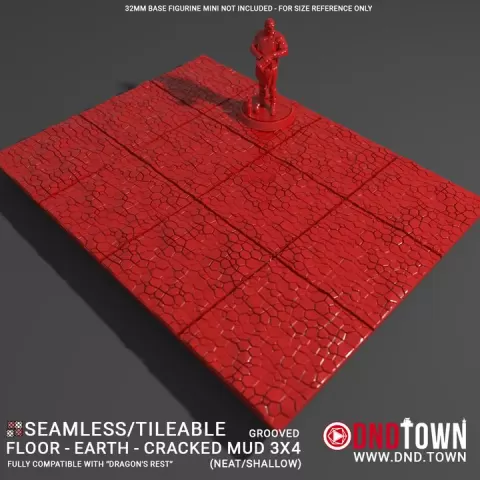 Floor - Earth - Cracked Mud - 3x4 (12 Tiles) (GROOVED) NEAT SHALLOW - 3D Modular Dungeon Tile - DnD Town Minis (www.dnd.town) by TTR.Town