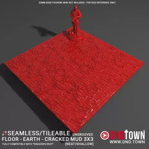 Floor - Earth - Cracked Mud - 3x3 (9 Tiles) (UNGROOVED) NEAT SHALLOW - 3D Modular Dungeon Tile - DnD Town Minis (www.dnd.town) by TTR.Town