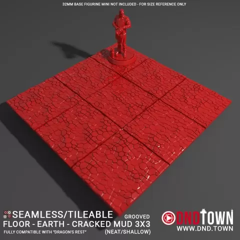 Floor - Earth - Cracked Mud - 3x3 (9 Tiles) (GROOVED) NEAT SHALLOW - 3D Modular Dungeon Tile - DnD Town Minis (www.dnd.town) by TTR.Town
