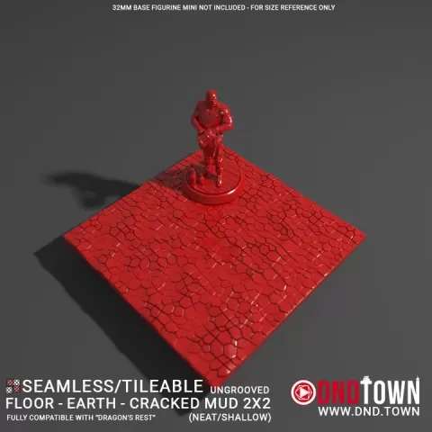 Floor - Earth - Cracked Mud - 2x2 (4 Tiles) (UNGROOVED) NEAT SHALLOW - 3D Modular Dungeon Tile - DnD Town Minis (www.dnd.town) by TTR.Town