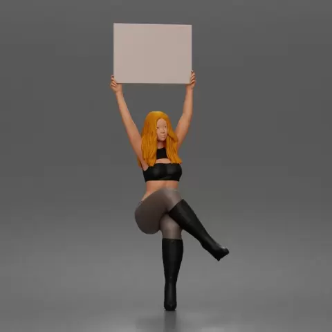Woman Holding Blank Sign Overhead Seated Pose Crop Top Leggings Thigh High Boots by 3DGeschaft Miniatures Figures