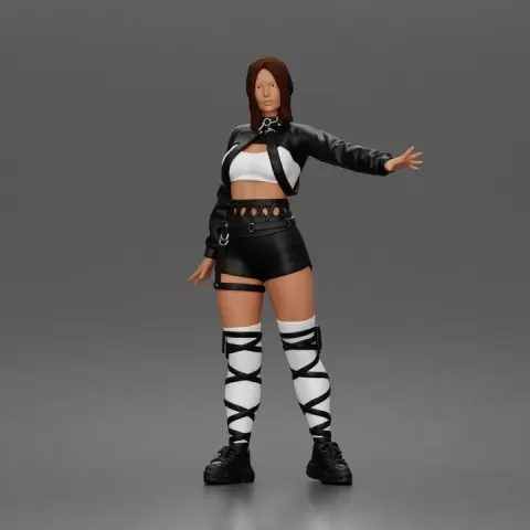 Woman Posing With Arm Extended In Crop Jacket Bralette Leather Shorts And Strappy Boots by 3DGeschaft Miniatures Figures