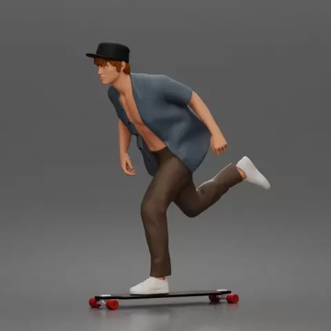 Man Riding Skateboard In Open Short Sleeve Shirt Pants And Sneakers by 3DGeschaft Miniatures Figures