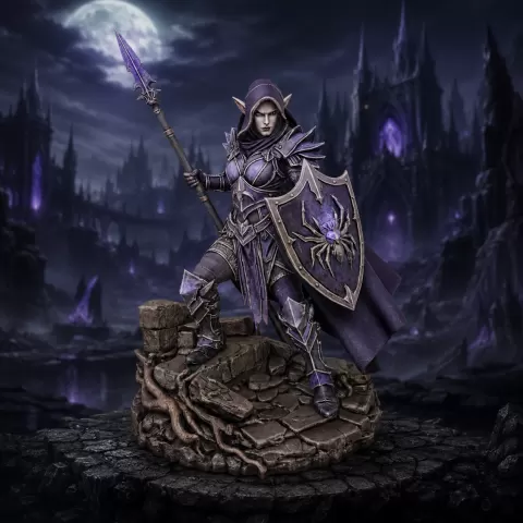 Vhorlath Realms – Dark Elf – Moonveil Spearwarden (Dark Fantasy 3D Printable Miniature STL)