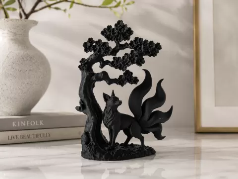 Kitsune Fox Sakura Tree Sculpture