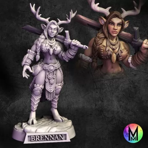 Deerfolk Barbarian - Brennan the Deer Folk Barbarian (Female Cervan / Deer girl with great sword) by Moonlight Minis- Christine Van Patten
