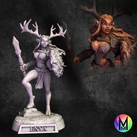 Female Deerfolk Fighter - Enya the Female Deer folk fighter ( female deer / cervan fighter spear and shield ) by Moonlight Minis- Christine Van Patten