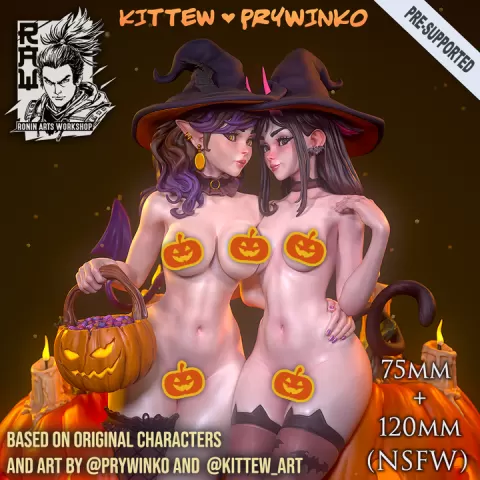 Prywinko and Kittew - Halloween Witches Pin-Up (NSFW) by Ronin Arts Workshop