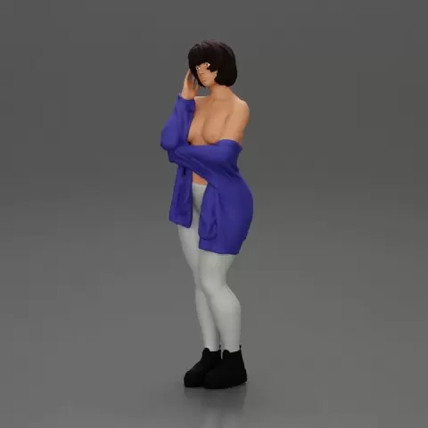 pretty nude girl with short hair posing in a sweater by 3DGeschaft Miniatures Figures