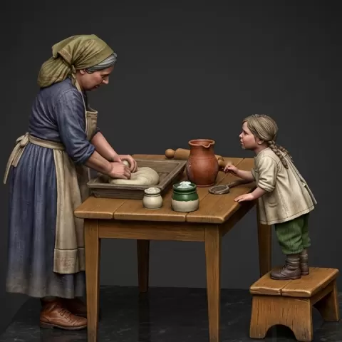 The Baker's Kitchen: Mother and Child Baking - Nativity Diorama by Antonio Frisenda