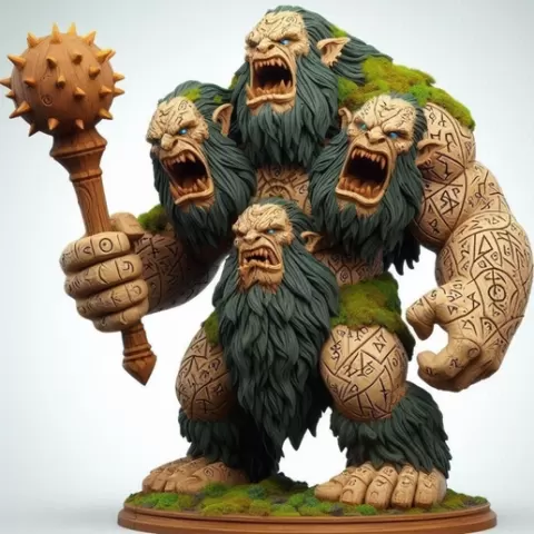 3969 Four-Headed Troll — 3D-Printed Fantasy Statue with Club, magic, creature, fantasy, wood, gnome, gorgon, warrior, wild, fox, monster, cat, dog, fair, witch, werewolf, horror, beast, gothic, troll, STL