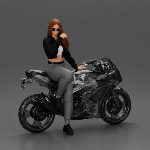 Beautiful girl in sunglasses and mini jacket sitting on the motorbike by 3DGeschaft Miniatures Figures