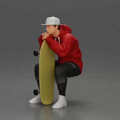 man in hoodie and cap sitting and putting his hand on the skateboard by 3DGeschaft Miniatures Figures