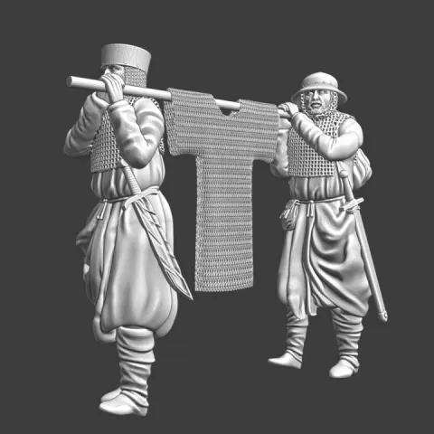 Medieval soldiers carrying chainmail for the lord by Northern Crusades Miniatures