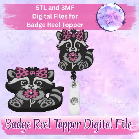 Cute Raccoon and Flower Badge Reel Topper or Phone Grip Flatback STL and 3MF DIGITAL Files