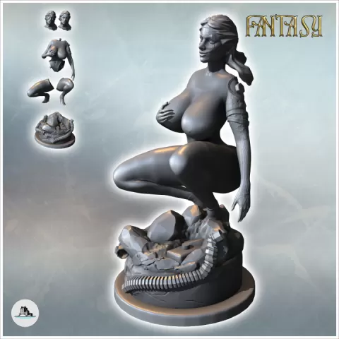 Woman crouching on a rock with long hair (normal and cyborg versions) (NSFW version) (10) - Medieval Fantasy Magic Feudal Old Archaic Saga 28mm 15mm by Hartolia Miniatures