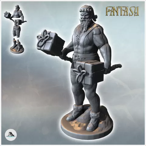 Weightlifting Santa Claus with bulging muscles and dumbbells shaped like gifts (1) - Medieval Fantasy Magic Feudal Old Archaic Saga 28mm 15mm by Hartolia Miniatures