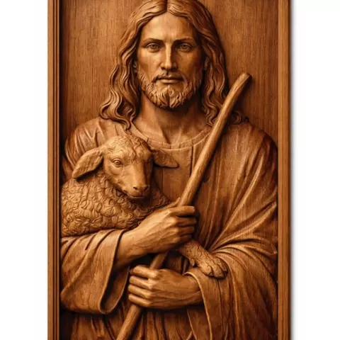 Jesus the Good Shepherd Bas Relief STL | CNC Wood Carving File | Christian Wall Art 3D Model
