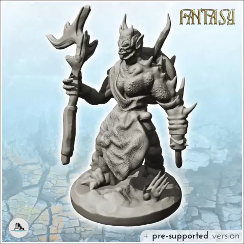 Dark creature with big stick and back shield (9) - Medieval Fantasy Magic Feudal Old Archaic Saga 28mm 15mm Chaos Darkness Demon by Hartolia Miniatures