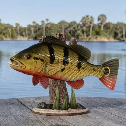 Peacock bass (Cichla ocellaris) fish trophy in motion sculpture underwater detailed texture for 3d printing