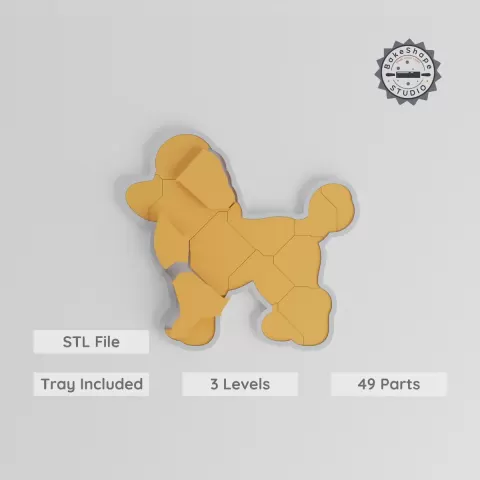 Montessori Poodle Puzzle, 3-Level Learning Tray, Easy to Hard, 170mm, Cute Puppy, Fluffy Dog, Progressive 9/15/24 Piece STL PRODUCT_8168