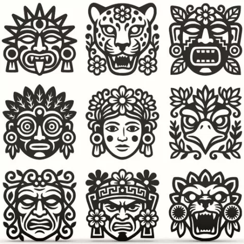 Aztec Tribal Masks & Totem Symbols – 9 Mayan Style Designs for CNC, Laser & 3D Relief