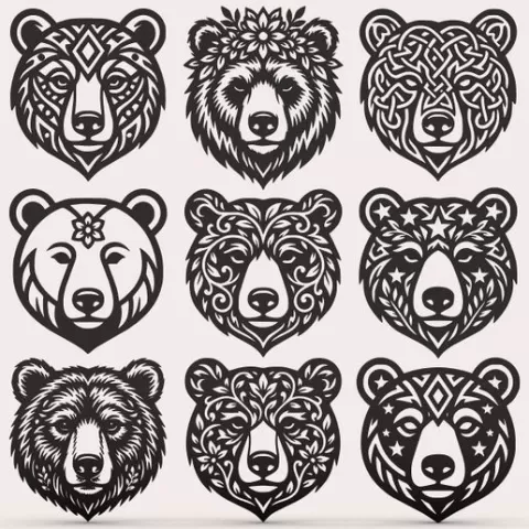 Tribal Bear Head Designs – 9 Ornamental Animal SVG STL for CNC, Laser & 3D Relief