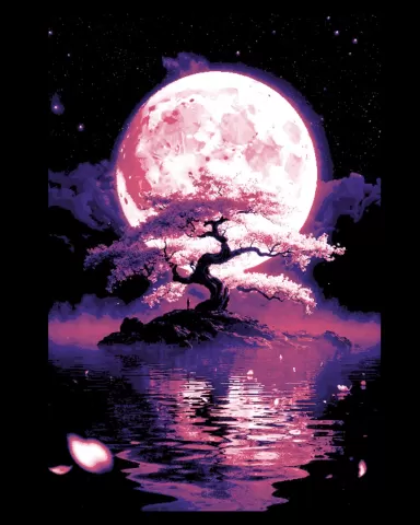 Peace and Love sybolized by the cherry blossom and the glowing pink moon - Hueforge art