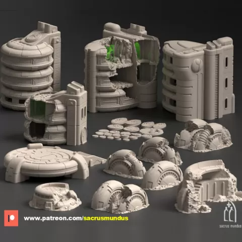 Talussa Prime. Shattered by Conflict 3D Printing Designs Bundle. Scifi / Futuristic Buildings. Terrain and Scenery for Wargames by Sacrusmundus