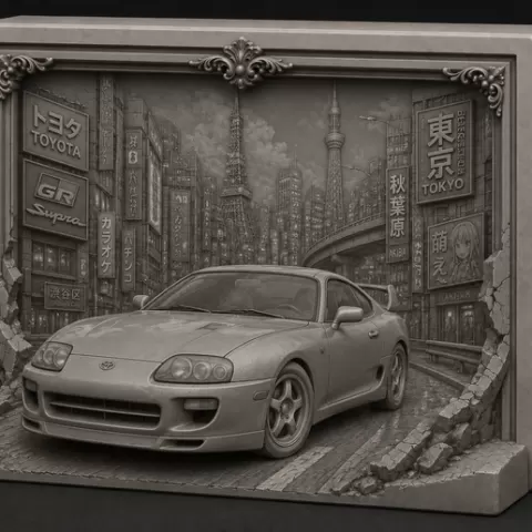 Toyota Supra MK4 Relief – 3D-Druck Wandbild & Aufsteller für echte JDM- und Sportwagen-Fans