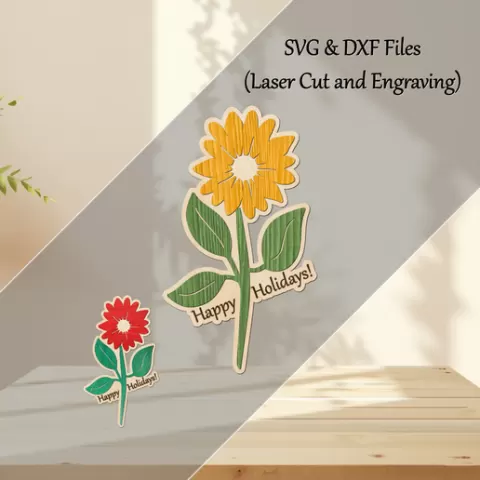 Laser Cut Flower SVG DXF | Flower Gift Sign | Engraving File | "Happy Holidays"