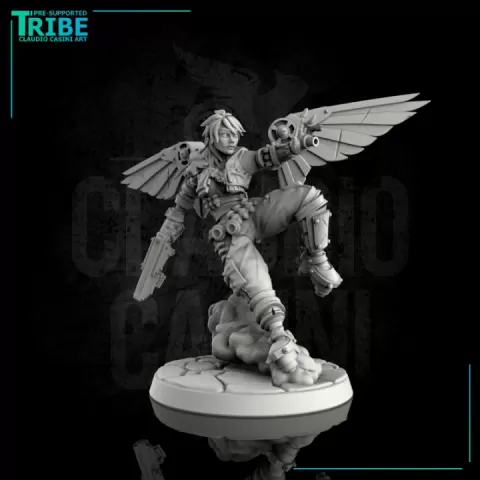 (0016) Female Sci-fi cyberpunk angel with gun and cyber wings by Claudio Casini Art