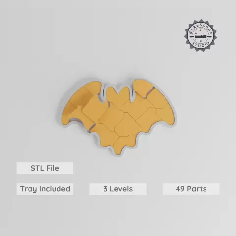 Montessori Bat Puzzle, 3-Level Learning Tray, Easy to Hard, 170mm, Night Creature Design for 3D Printing PRODUCT_8088