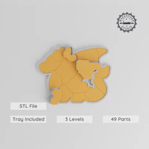 Montessori Progressive Dragon Puzzle, 3-Level Learning Tray, 9/15/24 pc STL, Easy to Hard, Fantasy Creature Game Collection PRODUCT_8079