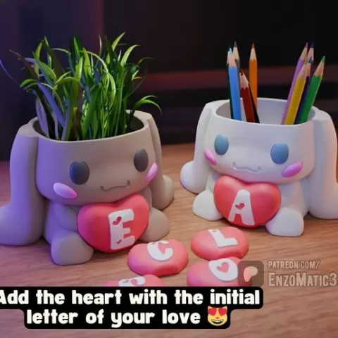 Cinnamoroll with Heart (Dedicated Lyrics) - flowerpot, Organizer, pencil holder - 3MF, STL - Multiparts - Print in place, No Support