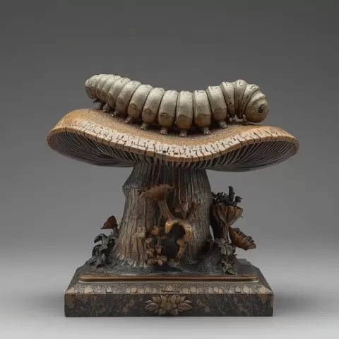 Caterpillar on Mushroom Figurine STL Commercial License Wonderland Sculpture