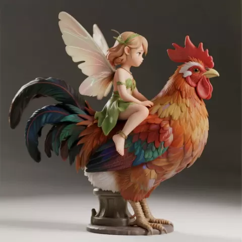 3501 Fairy Rider COLOR 3D-Printed Ivory-Style Statue of Fairy on Rooster, magic, witch, werewolf, fantasy, wood, base, sword, warrior, wild, dnd, cat, monster, dog, fair, lion, fox, faun, pomeranian, beast, STL