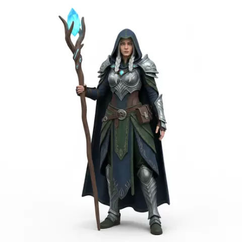 Female mage with staff stl miniatures, tabletop mini, monster miniature, cleric priest, sorcerer, rpg miniature, resin print, undead skeleton, vampire lord, barbarian, mage wizard, tabletop gaming, fairy pixie, paladin, demon figure, epic fantasy, dn