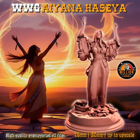 FREE MINIATURE! Aiyana Haseya - Summoning Ritual (32mm / 75mm STL 3D printing) by Million Miniatures Studios