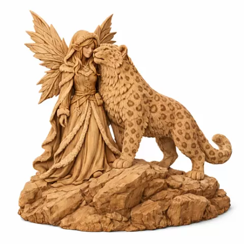 Detailed Winter Snow fairy with Snow leopard familiar guardian, figure